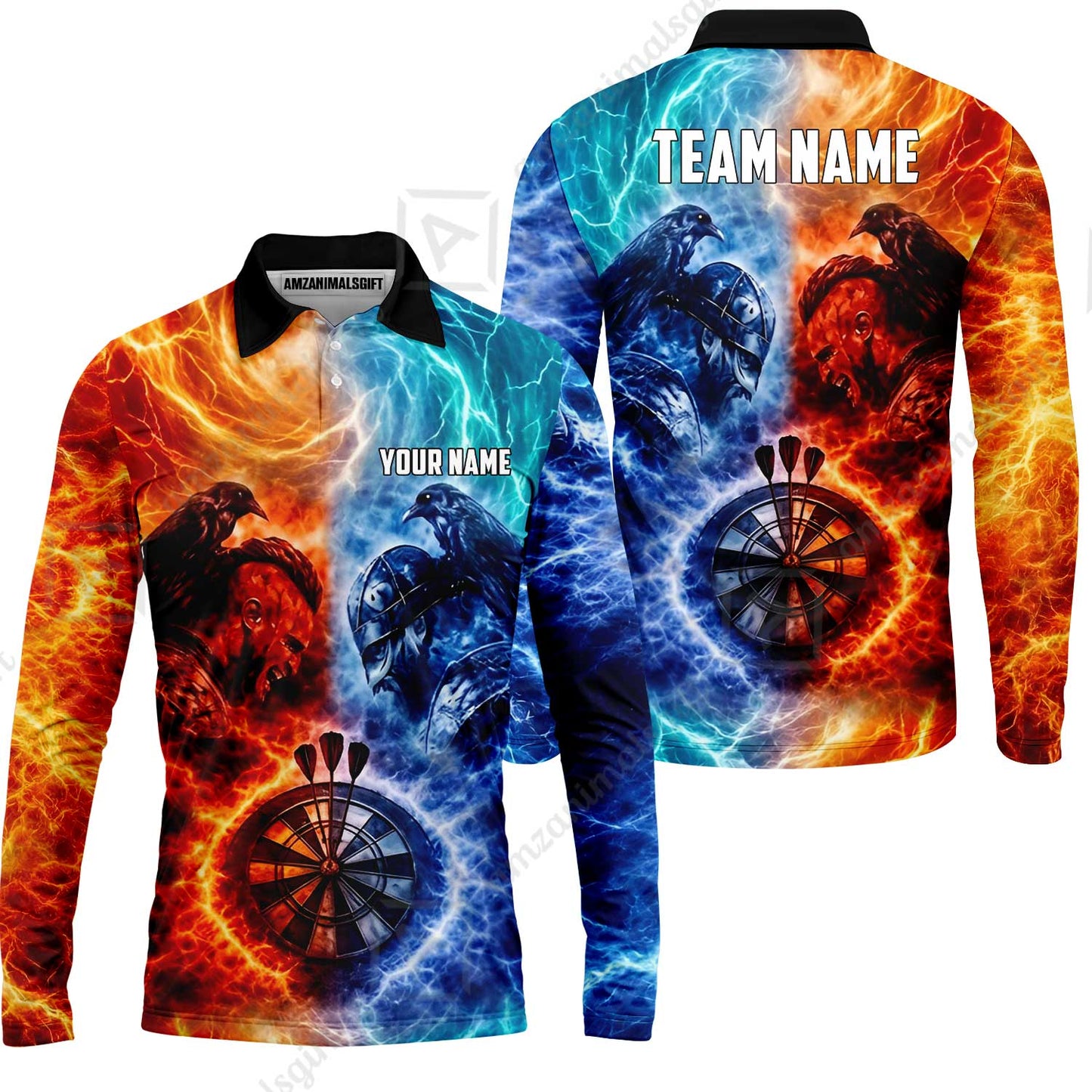Custom Darts Team Jersey, Personalized Fire Ice Raven Darts Polo Shirt For Players With Name & Team Name