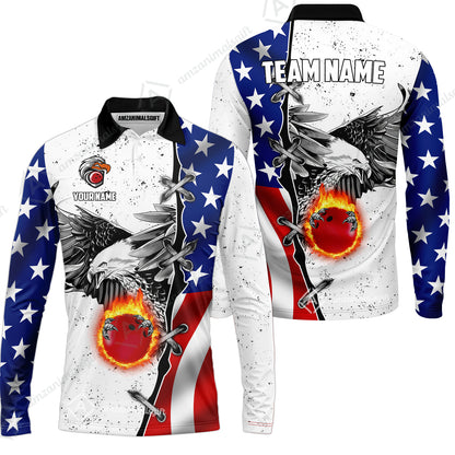 Customized Bowling Unisex Polo Shirt, US Flag White Eagle Flame Pin Dust Pattern Bowling, Personalized Name And Team Name