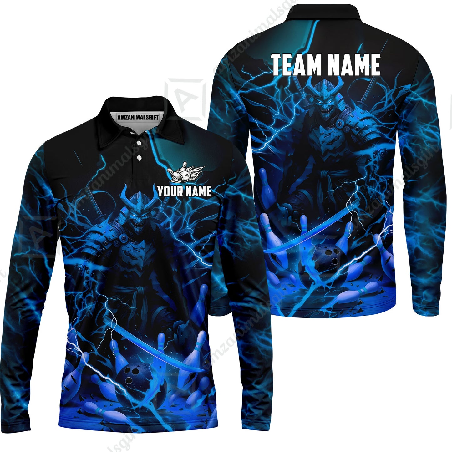 Custom Bowling Jersey Polo Shirt, Fiery Samurai Strike, Custom Bowling Jersey Team Shirt For Players With Name & Team Name