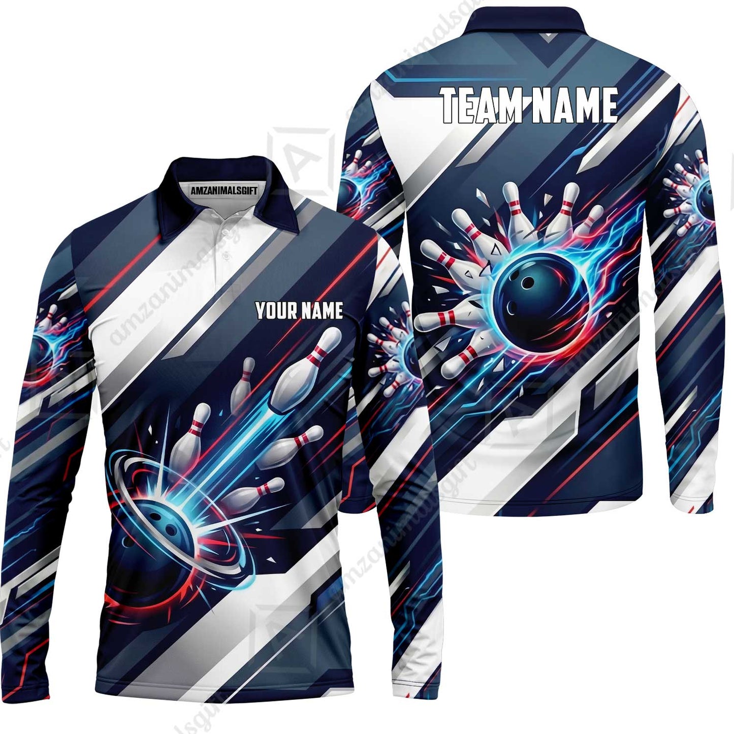 Custom Bowling Jersey Polo Shirt, Futuristic Cyber Electric Strike, Custom Bowling Jersey Team Shirt For Players With Name and Team Name
