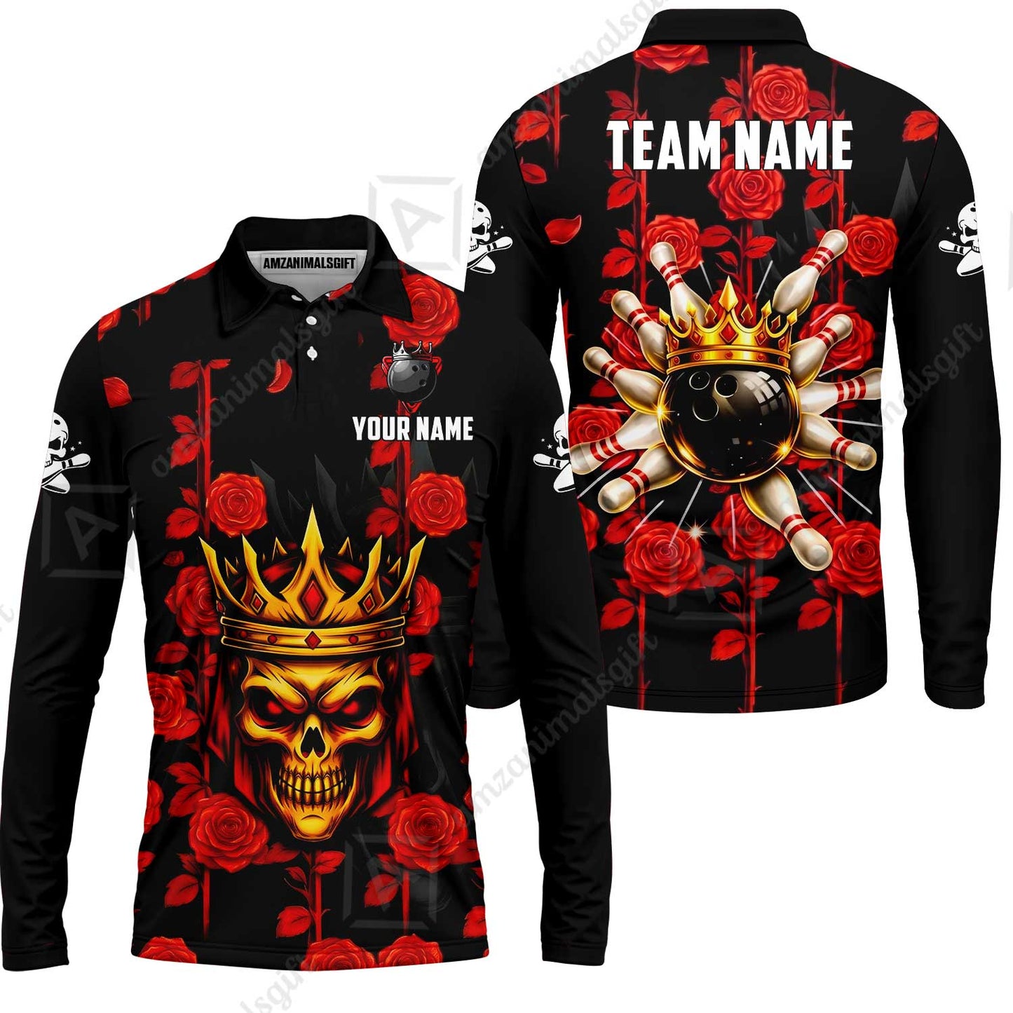 Custom Bowling Jersey Polo Shirt, Royal Skull Bowling, Custom Bowling Jersey Team Shirt For Players With Name & Team Name