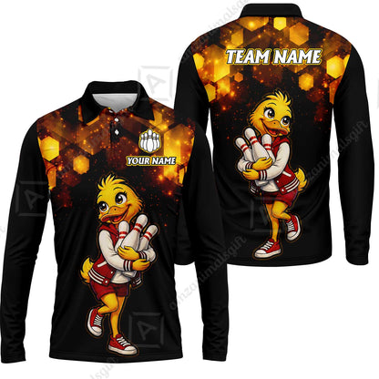 Custom Bowling Jersey Polo Shirt, Golden Glow Varsity Duckling Mascot, Custom Bowling Jersey Team Shirt For Players With Name and Team Name