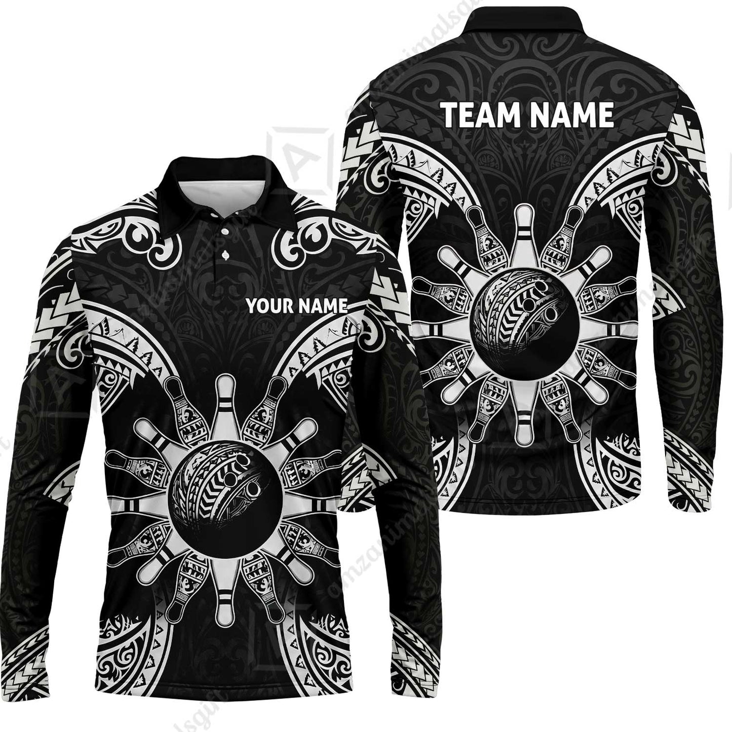 Custom Bowling Jersey Polo Shirt, Symmetric Polynesian Tribal Art Bowling, Custom Bowling Jersey Team Shirt For Players With Name and Team Name