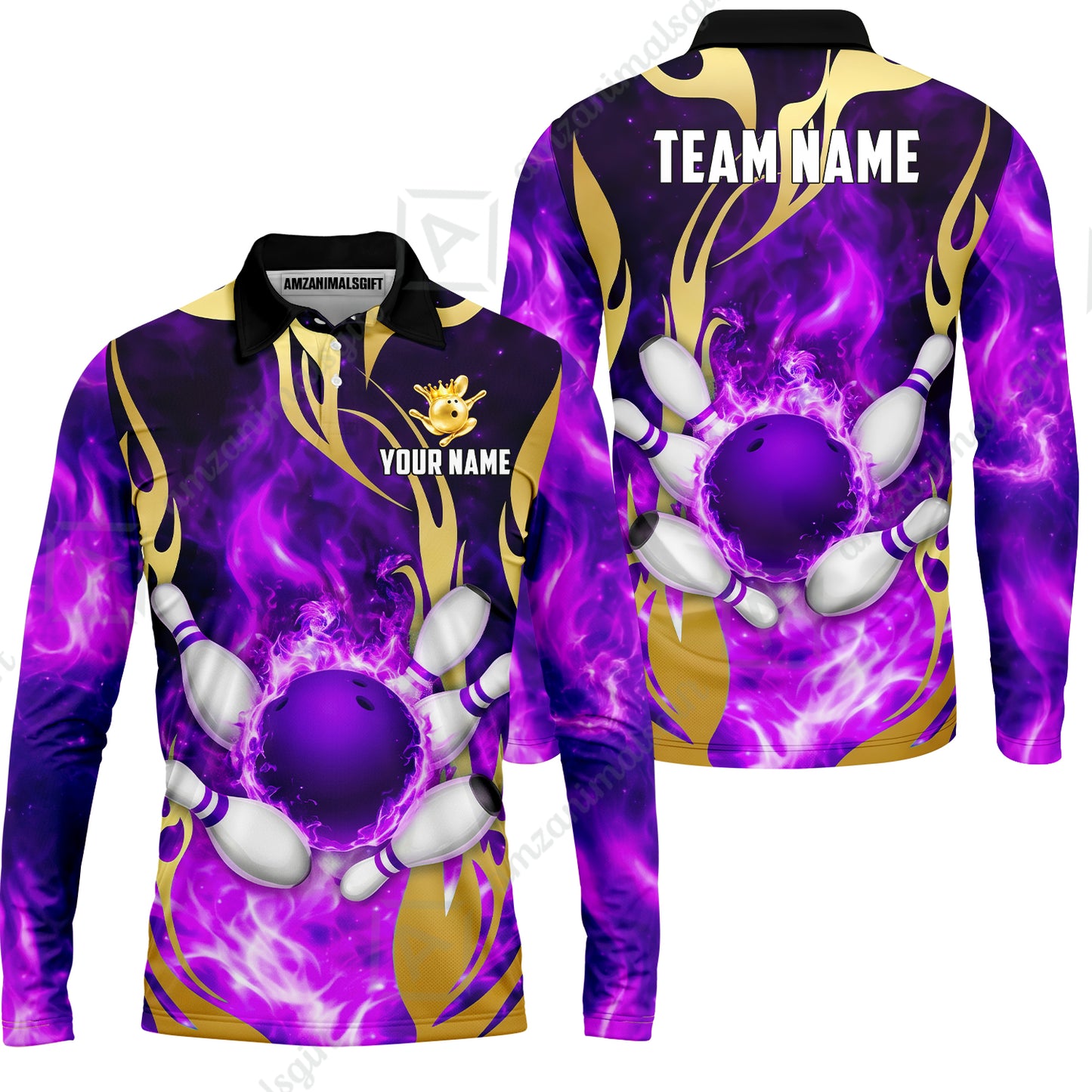 Custom Bowling Jersey Polo Shirt, Abyssal Fire & Golden Flames, Custom Bowling Jersey Team Shirt For Players With Name & Team Name
