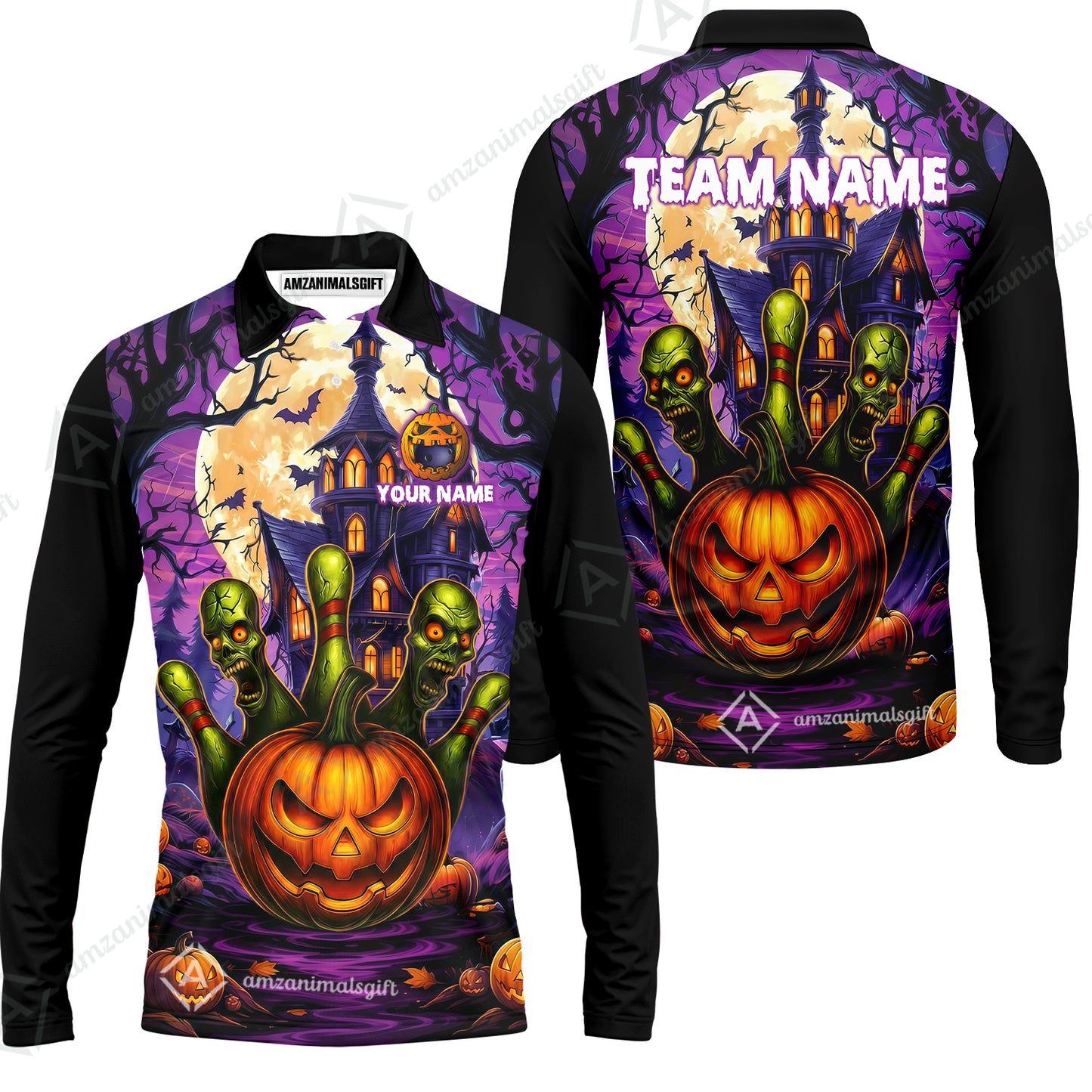 Custom Halloween Bowling Short Sleeve Men Polo Shirt, Halloween Pumpkin Zombie Pins Personalized Shirt with Name and Team Name, Custom Bowling Team Uniforms Jerseys