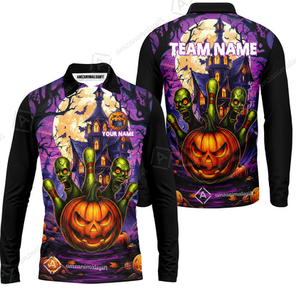 Custom Halloween Bowling Short Sleeve Men Polo Shirt, Halloween Pumpkin Zombie Pins Personalized Shirt with Name and Team Name, Custom Bowling Team Uniforms Jerseys