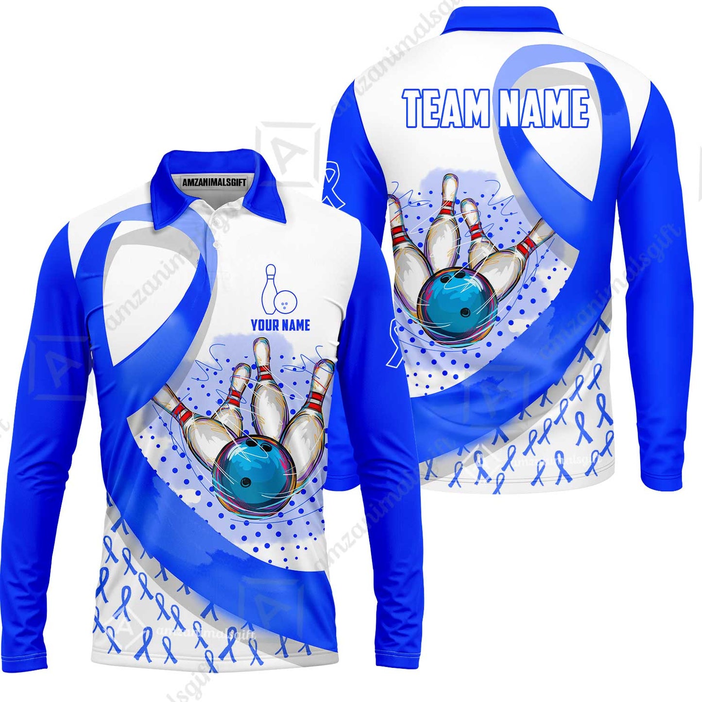 Custom Bowling Team Jersey Shirts, Blue Ribbon and Ball Hitting Pins Shirt, Personalized Team & Player Bowling Jersey