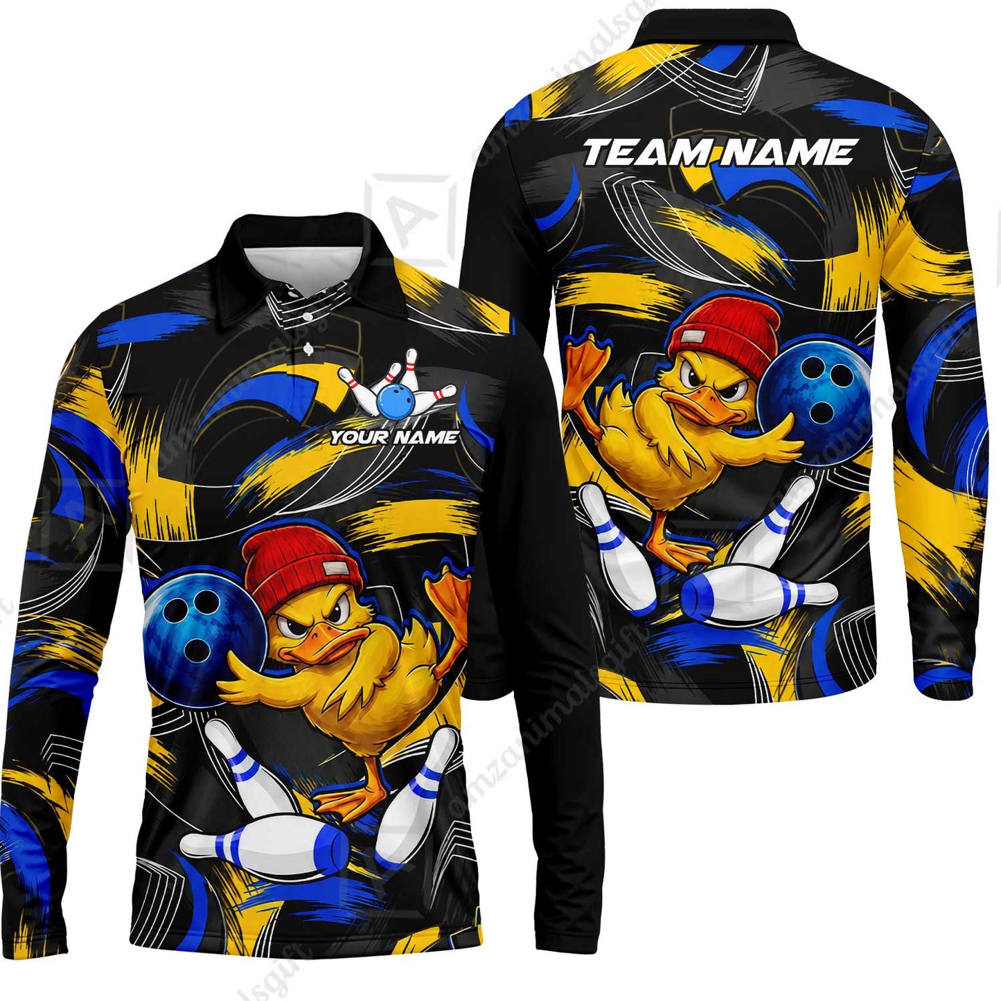 Custom Bowling Jersey Polo Shirt, Angry Grunge Splash Duckling, Custom Bowling Jersey Team Shirt For Players With Name and Team Name
