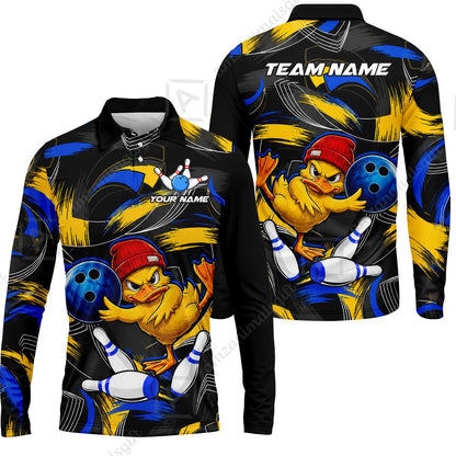 Custom Bowling Jersey Polo Shirt, Angry Grunge Splash Duckling, Custom Bowling Jersey Team Shirt For Players With Name and Team Name