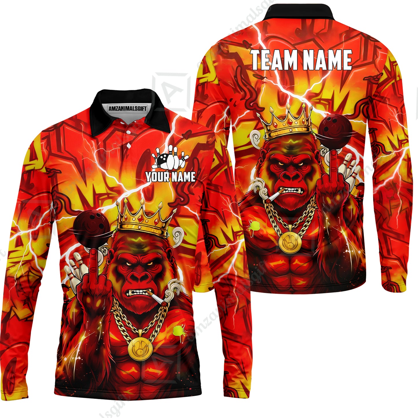 Custom Bowling Jersey Polo Shirt, Rebellious Gorilla King & Street Graffiti, Custom Bowling Jersey Team Shirt For Players With Name & Team Name