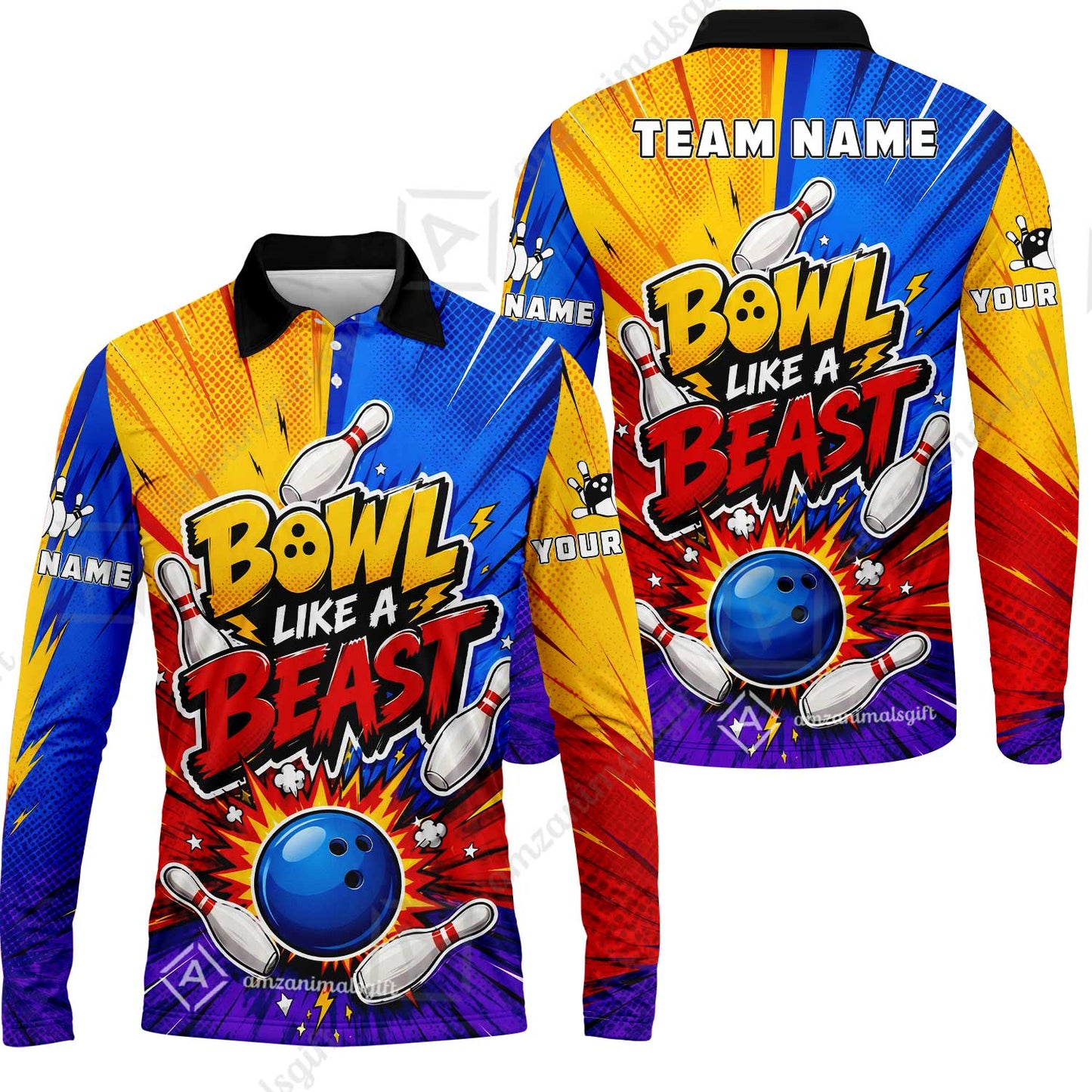 Custom Bowling Jersey Polo Shirt, Comic Pop Art Beast Mode Blast, Custom Bowling Jersey Team Shirt For Players With Name and Team Name