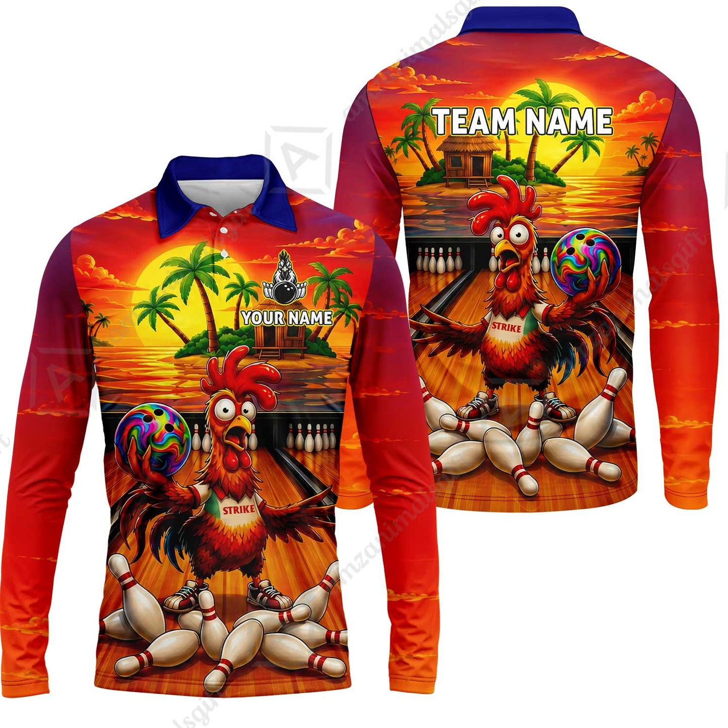 Custom Bowling Jersey Polo Shirt, Funny Tropical Island Rooster Strike, Custom Bowling Jersey Team Shirt For Players With Name and Team Name