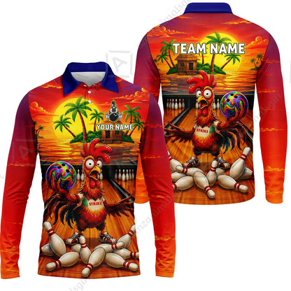 Custom Bowling Jersey Polo Shirt, Funny Tropical Island Rooster Strike, Custom Bowling Jersey Team Shirt For Players With Name and Team Name