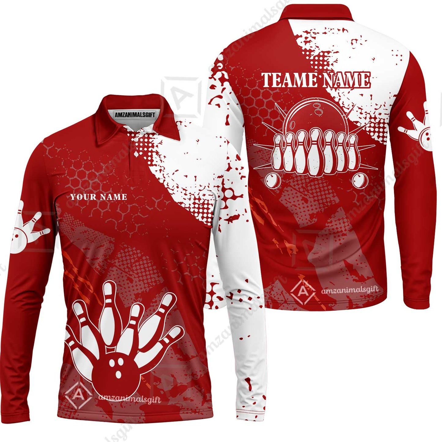 Custom Red and White Retro Bowling Team League Jersey Polo Shirts, Bowling Team Uniforms Jerseys, Personalized Name And Team Name