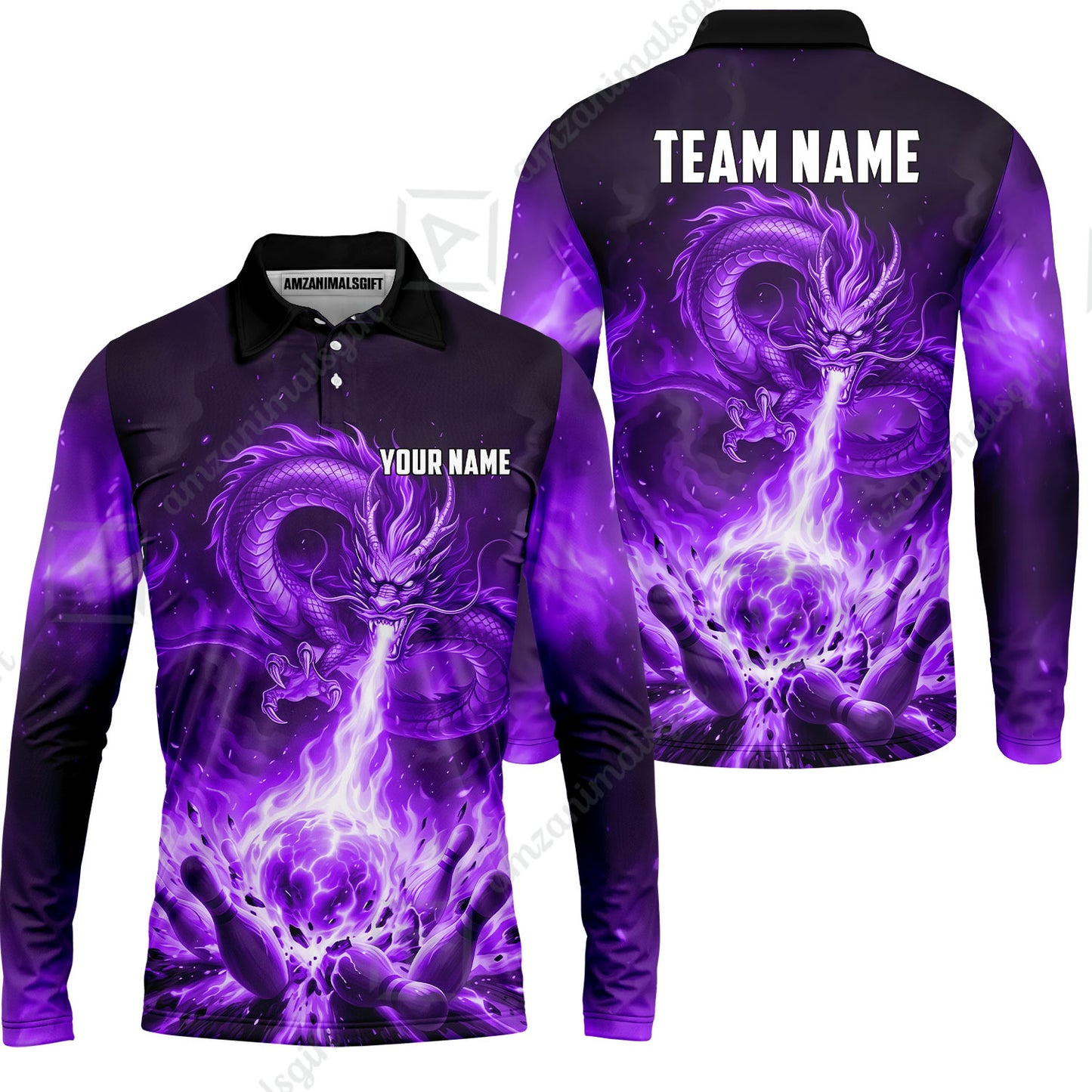 Custom Bowling Jersey Polo Shirt, Asian Dragon's Fire Strike, Custom Bowling Jersey Team Shirt For Players With Name & Team Name