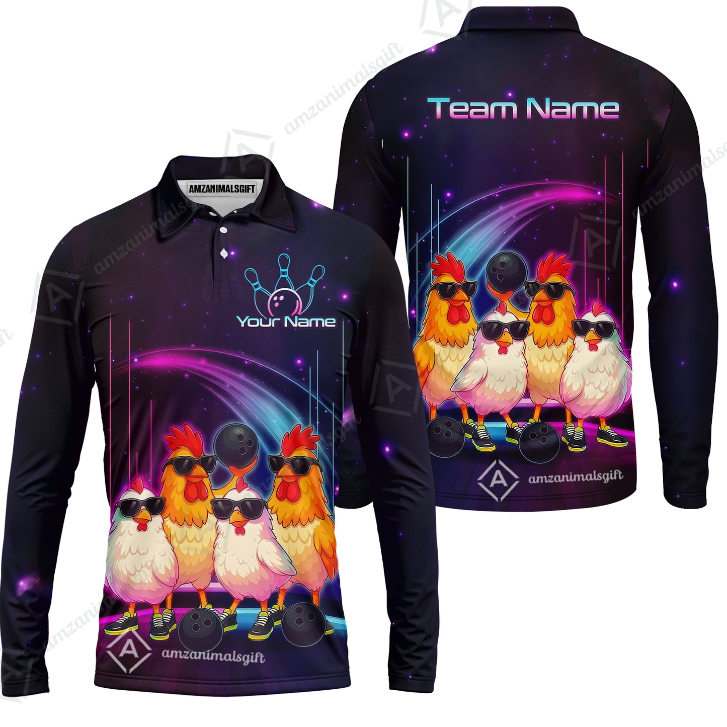 Custom Bowling Jersey Polo Shirt, Funny Cool Chickens Neon Cosmic, Custom Bowling Jersey Team Shirt For Players With Name & Team Name