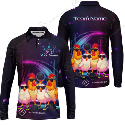Custom Bowling Jersey Polo Shirt, Funny Cool Chickens Neon Cosmic, Custom Bowling Jersey Team Shirt For Players With Name & Team Name