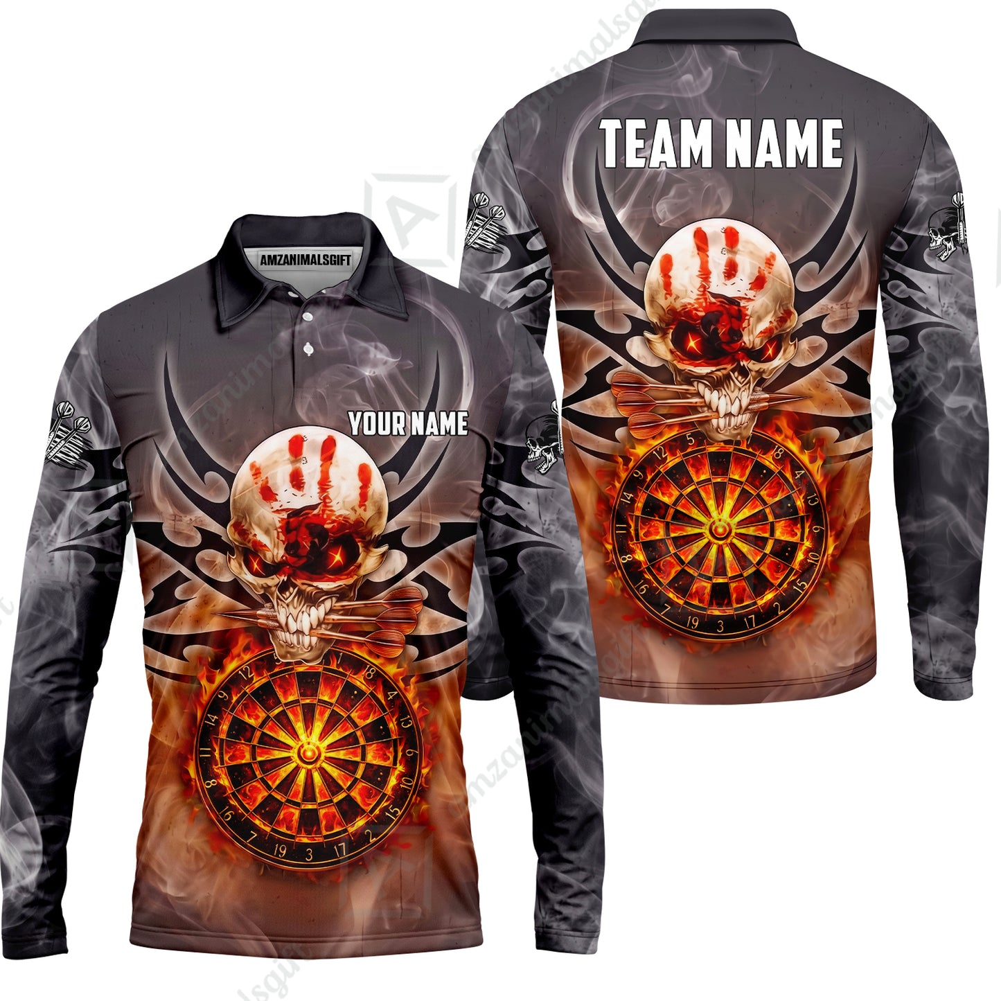 Custom Darts Jersey Polo Shirt, Glowing Fire Skull Tribal, Custom Dart Jersey Team Shirt For Players With Name & Team Name