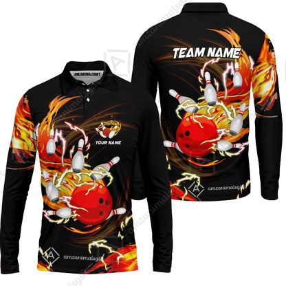 Customized Bowling Thunder Flame Long Sleeve Polo Shirt , Bowling Ball & Pins Breath Of Thunder Flame Multicolor Option, Perfect Outfit For Bowlers