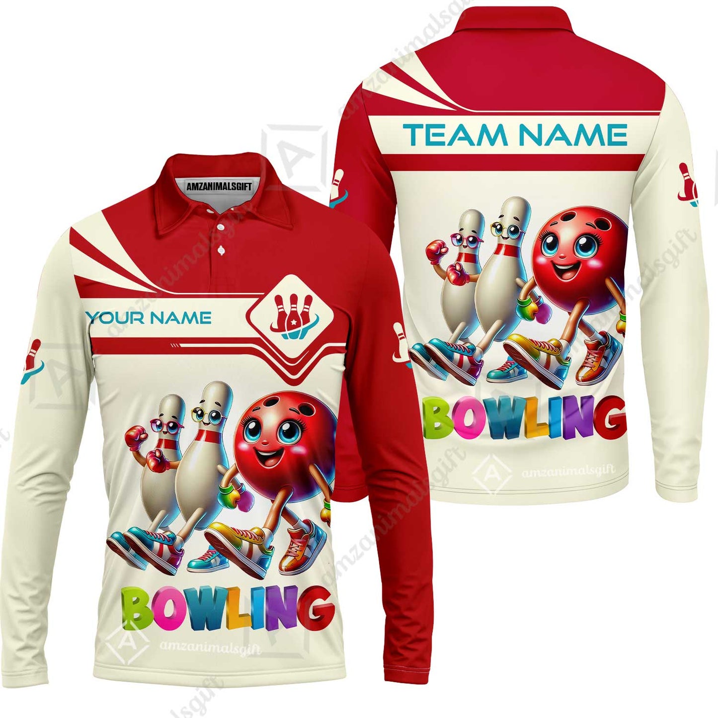 Customized Bowling Long Sleeve Polo Shirt, Bowling Ball and Pins Together Long Sleeve Polo Shirt Uniform For Bowlers, Bowling Team
