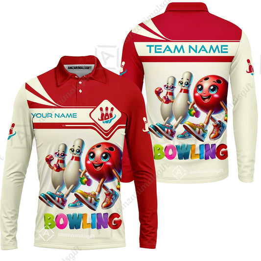 Customized Bowling Long Sleeve Polo Shirt, Bowling Ball and Pins Together Long Sleeve Polo Shirt Uniform For Bowlers, Bowling Team