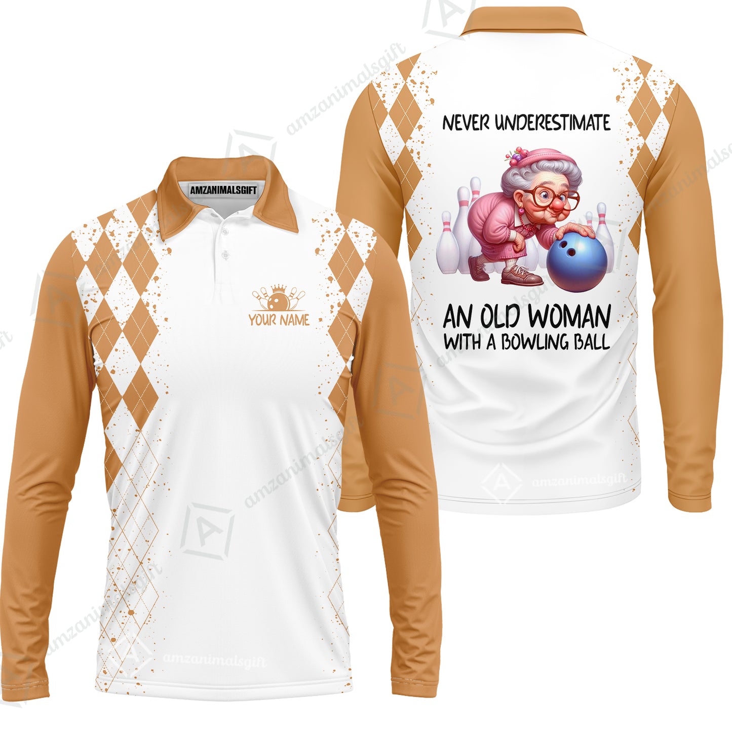 Custom Bowling Jersey Polo Shirt, Never Underestimate An Old Woman With A Bowling Ball, Personalized Name & Team Name
