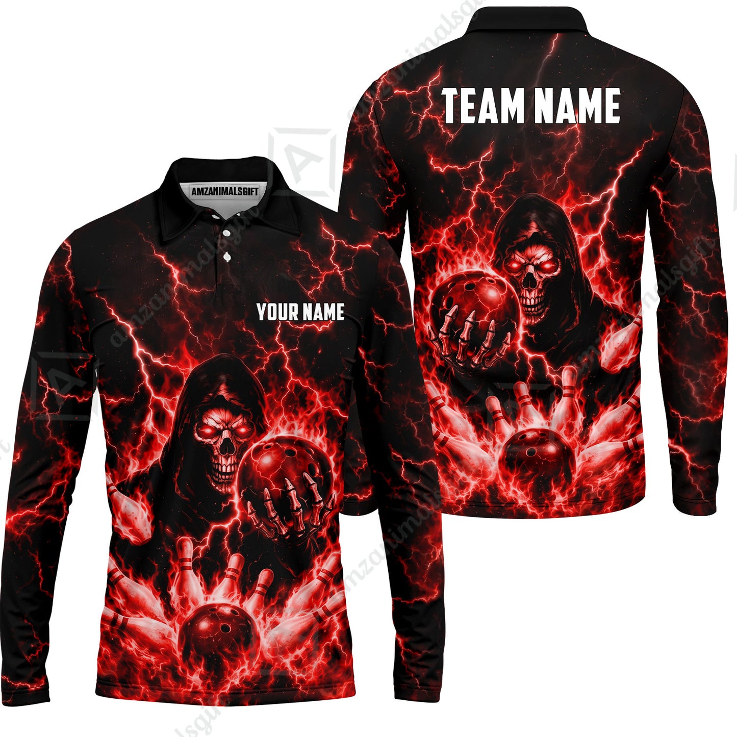Custom Bowling Jersey Polo Shirt, Lightning Grim Reaper, Custom Bowling Jersey Team Shirt For Players With Name & Team Name