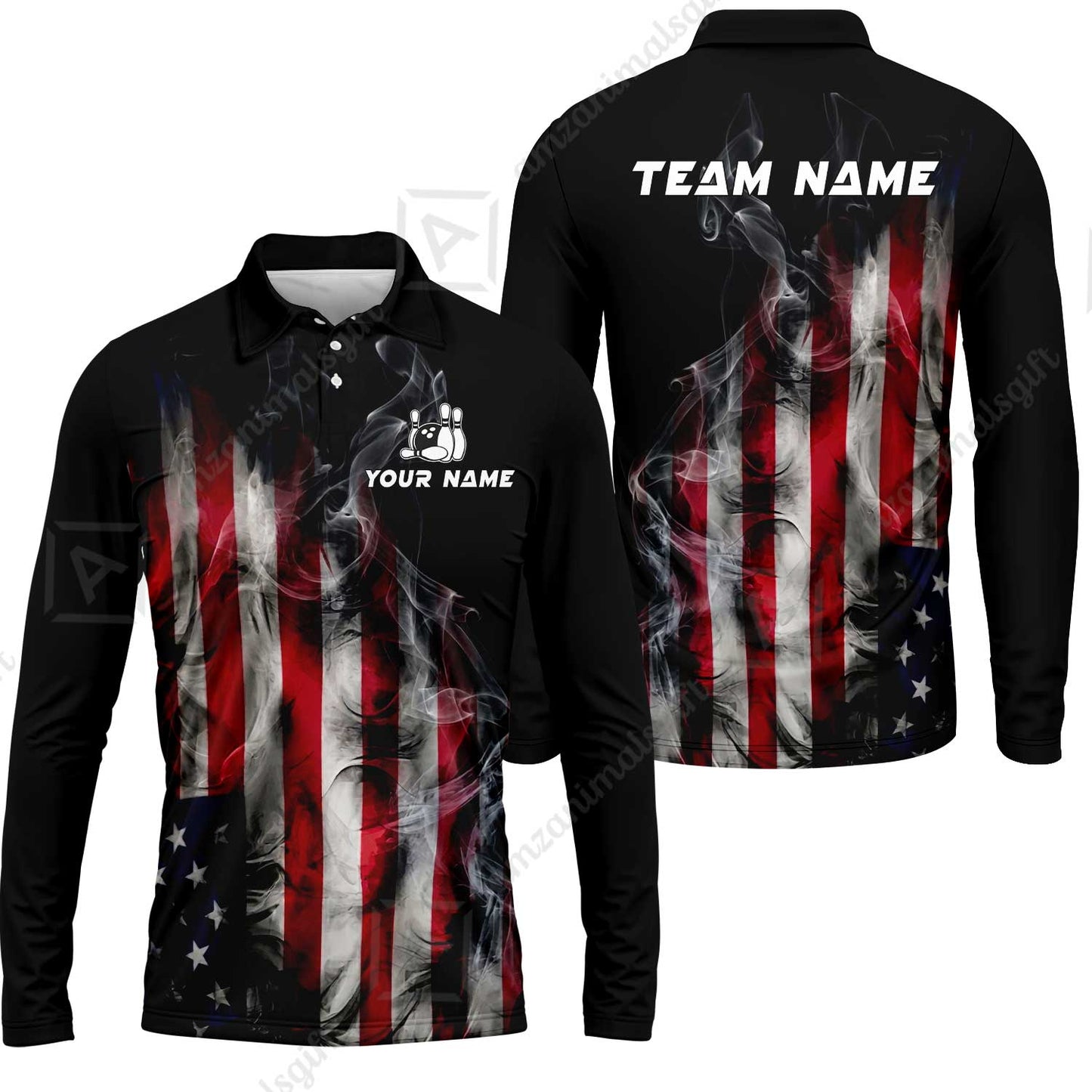 Custom Bowling Jersey Polo Shirt, Smoke USA Flag Bowling, Custom Bowling Jersey Team Shirt For Players With Name & Team Name