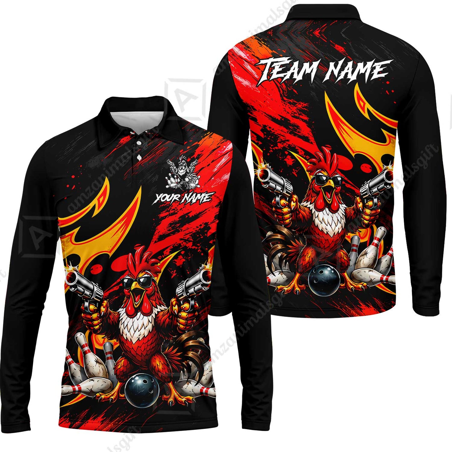 Custom Bowling Jersey Polo Shirt, Rooster With Gun, Custom Bowling Jersey Team Shirt For Players With Name and Team Name