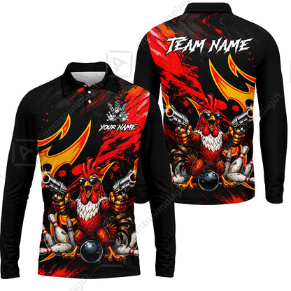 Custom Bowling Jersey Polo Shirt, Rooster With Gun, Custom Bowling Jersey Team Shirt For Players With Name and Team Name