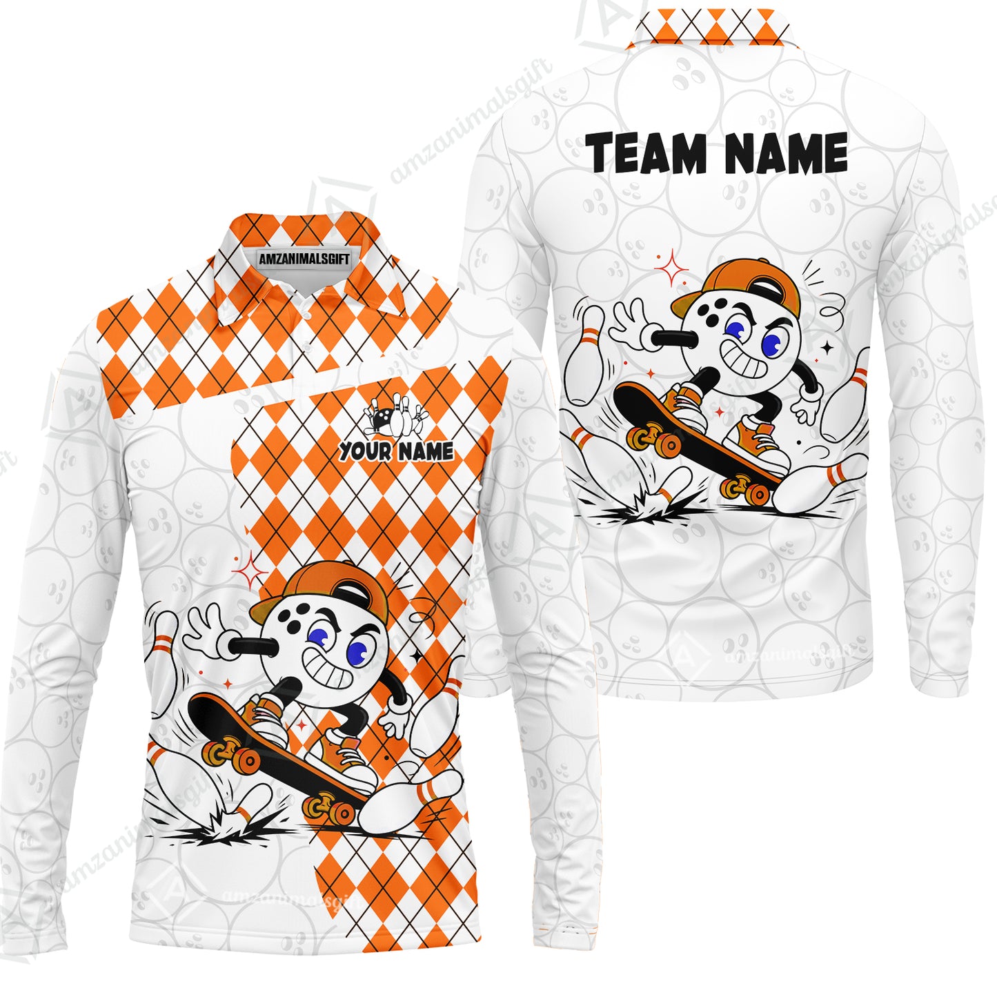 Custom Bowling Jersey Polo Shirt, Skateboarder Bowling Ball Mascot, Custom Bowling Jersey Team Shirt For Players With Name and Team Name
