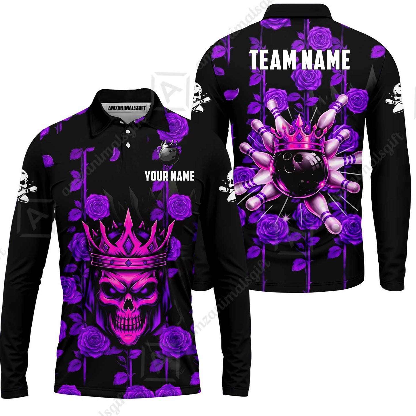 Custom Bowling Jersey Polo Shirt, Royal Skull Bowling, Custom Bowling Jersey Team Shirt For Players With Name & Team Name