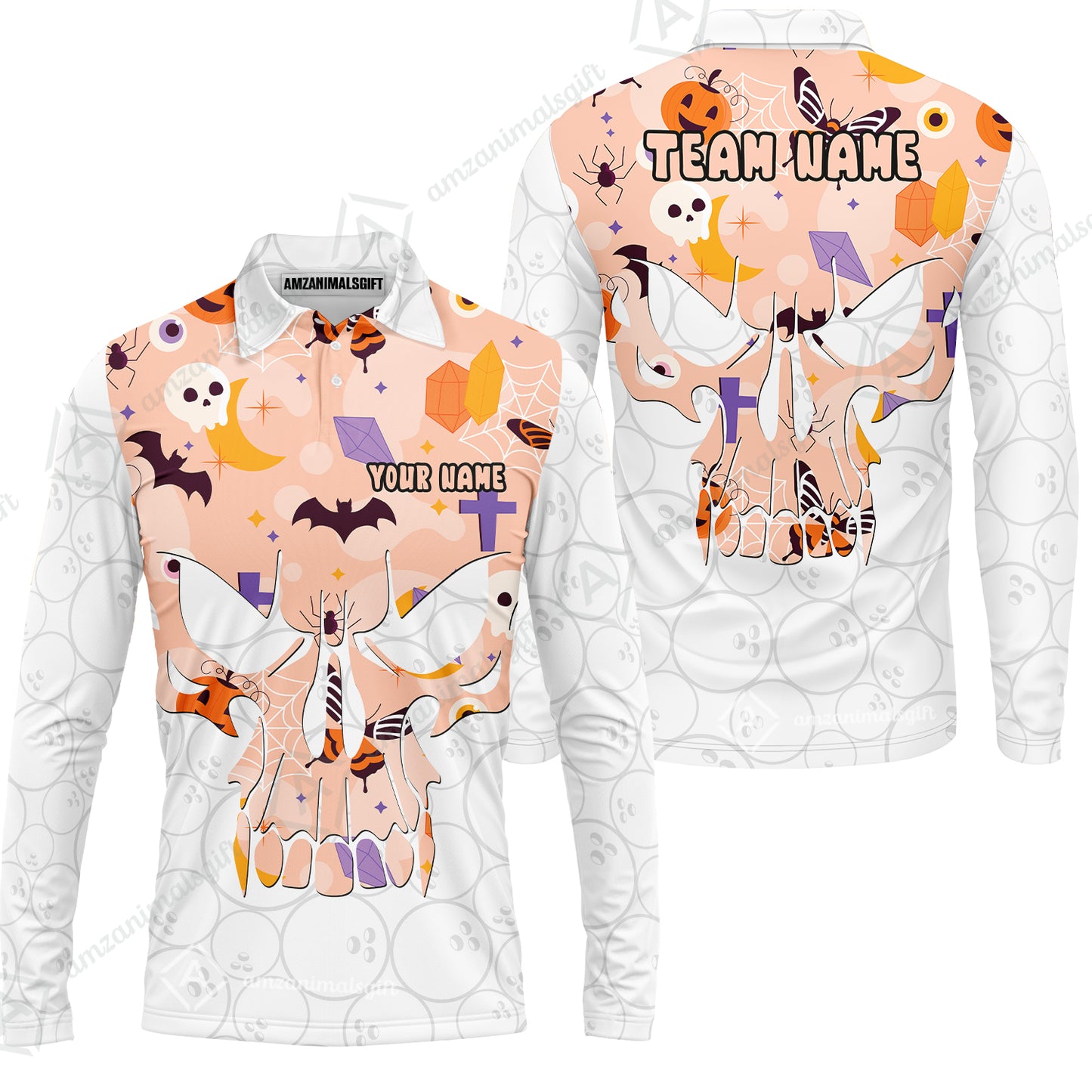 Custom Bowling Jersey Polo Shirt, Halloween Pattern Skull, Custom Bowling Jersey Team Shirt For Players With Name & Team Name