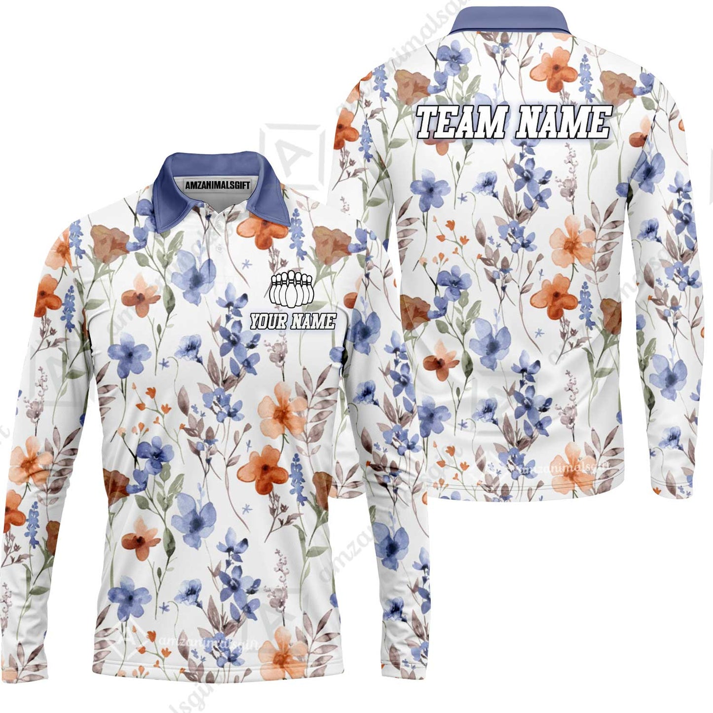 Customized Bowling Unisex Polo Shirt, Watercolor Floral Blossom Pattern, Bowling Uniform - Personalized Name Team Name