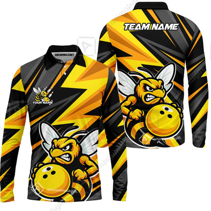 Custom Bowling Team Jersey, Bowling Angry Bee Yellow Strike  Polo Quarter-Zip Shirts, Bowling Uniforms Jerseys, Custom Name And Team Name