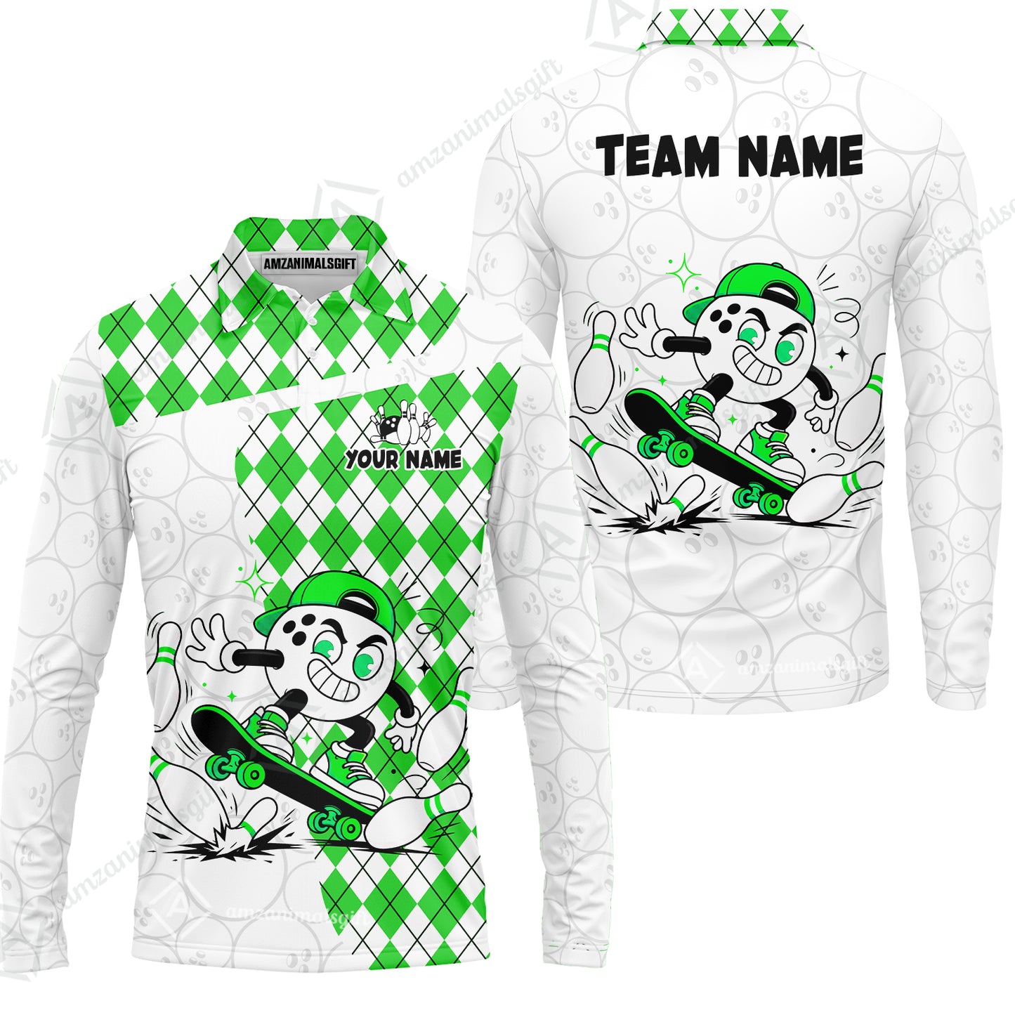 Custom Bowling Jersey Polo Shirt, Skateboarder Bowling Ball Mascot, Custom Bowling Jersey Team Shirt For Players With Name and Team Name