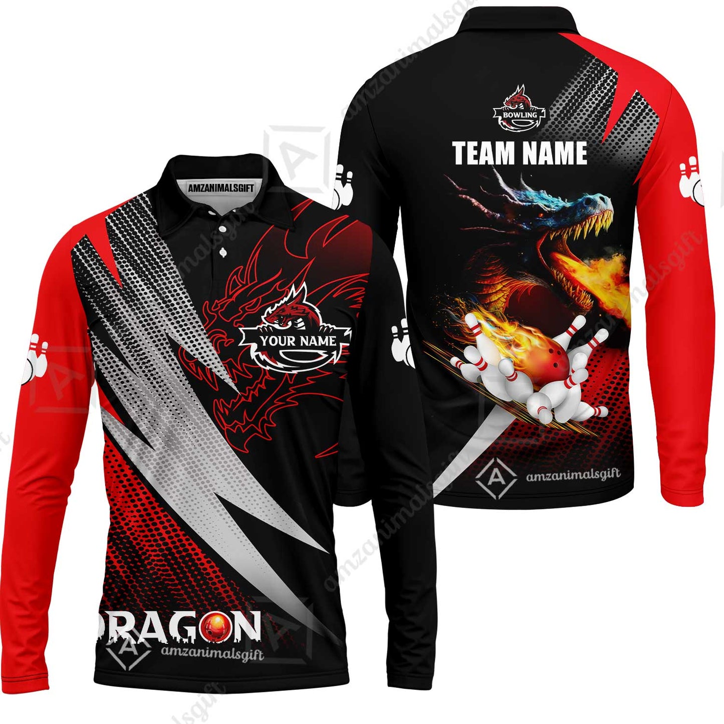 Customized Bowling Jersey Shirt, Personalized Name Dragon Team Red Bowling Ball On Fire Polo Shirt For Men - Perfect Gift For Bowling Lovers