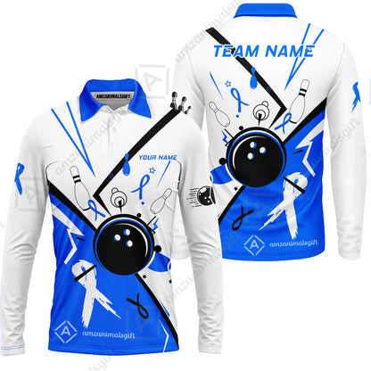 Custom Bowling Team Uniform Shirts, Bowling Ball Strike Pins And Blue Ribbon Shirt, Personalized Team & Player Jersey