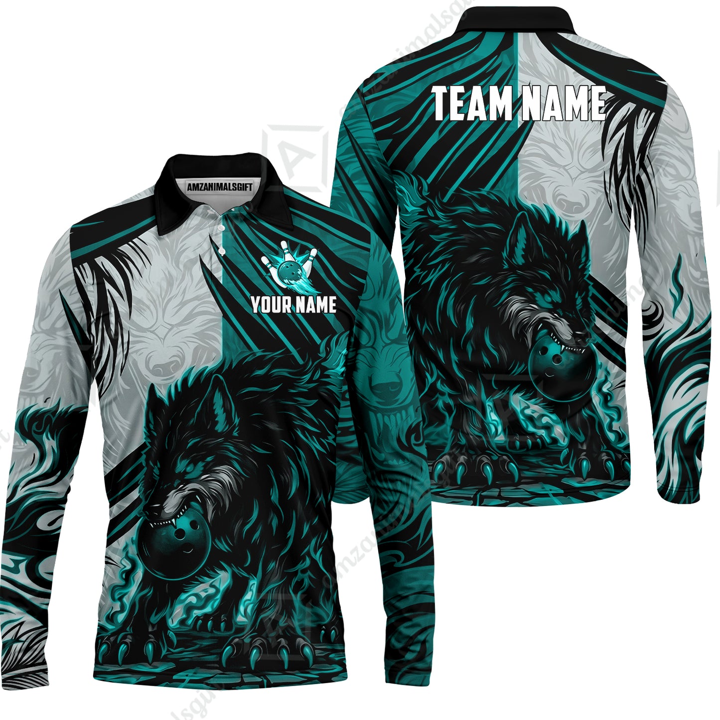 Custom Bowling Jersey Polo Shirt, Lone Wolf Strike & Emerald Frost, Custom Bowling Jersey Team Shirt For Players With Name & Team Name