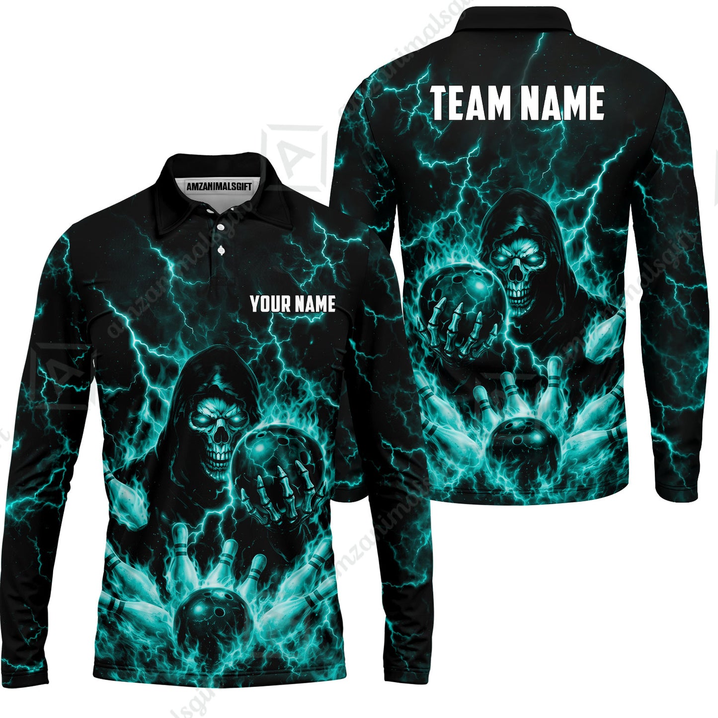 Custom Bowling Jersey Polo Shirt, Lightning Grim Reaper, Custom Bowling Jersey Team Shirt For Players With Name & Team Name