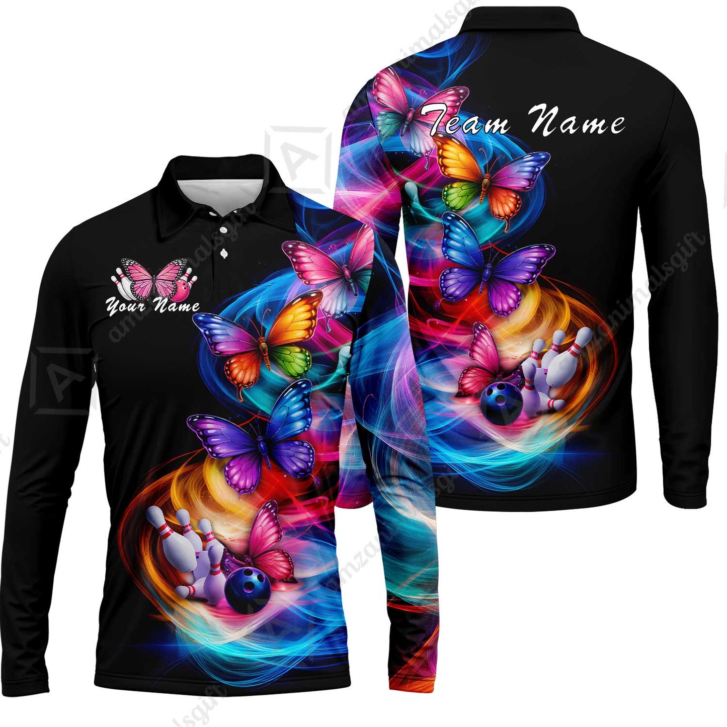 Custom Bowling Jersey Polo Shirt, Artistic Monarch Butterfly Bowling Custom Bowling Jersey Team Shirt For Players With Name & Team Name
