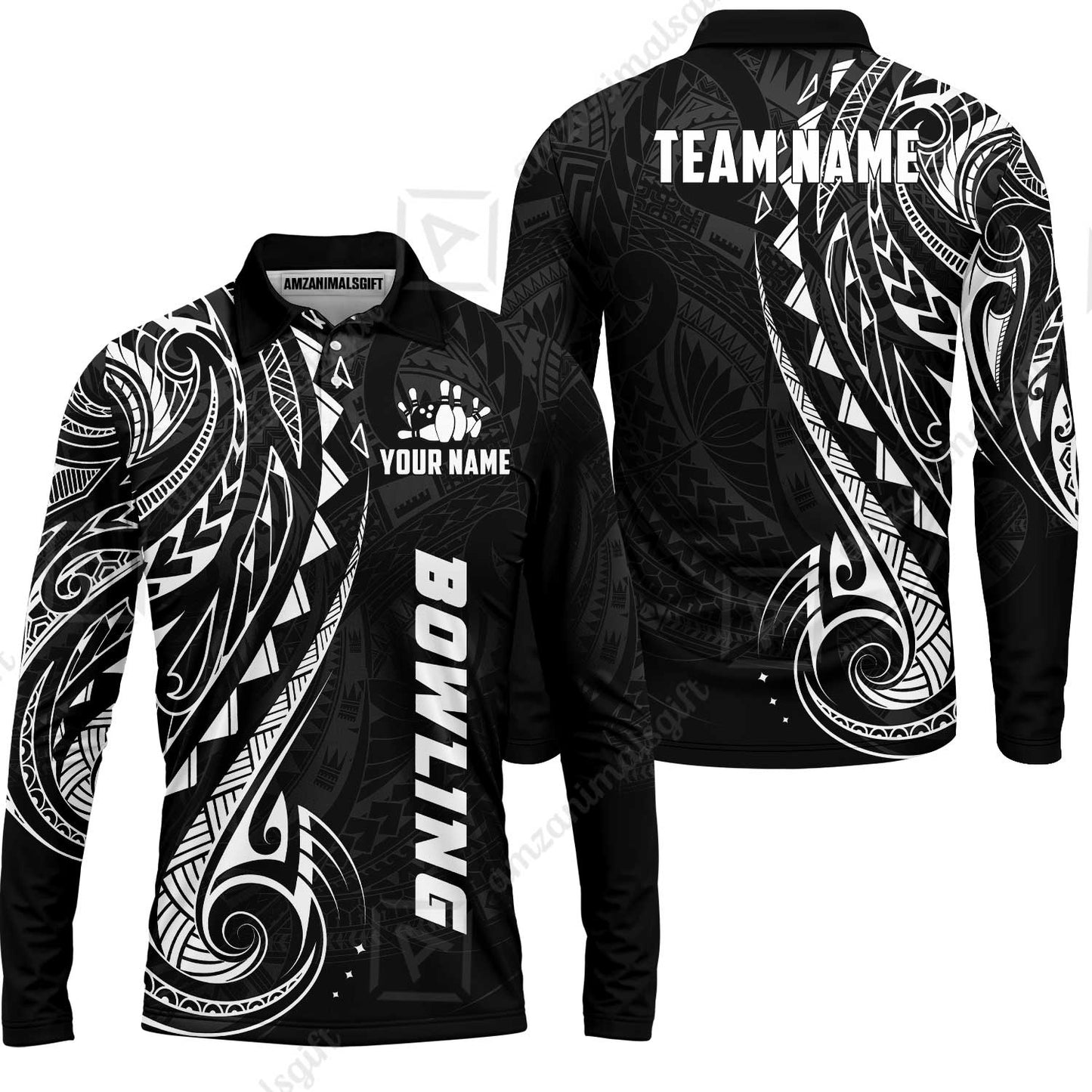 Custom Bowling Jersey Polo Shirt, Polynesian Maori Tribal Tattoo Bowling, Custom Bowling Jersey Team Shirt For Players With Name and Team Name