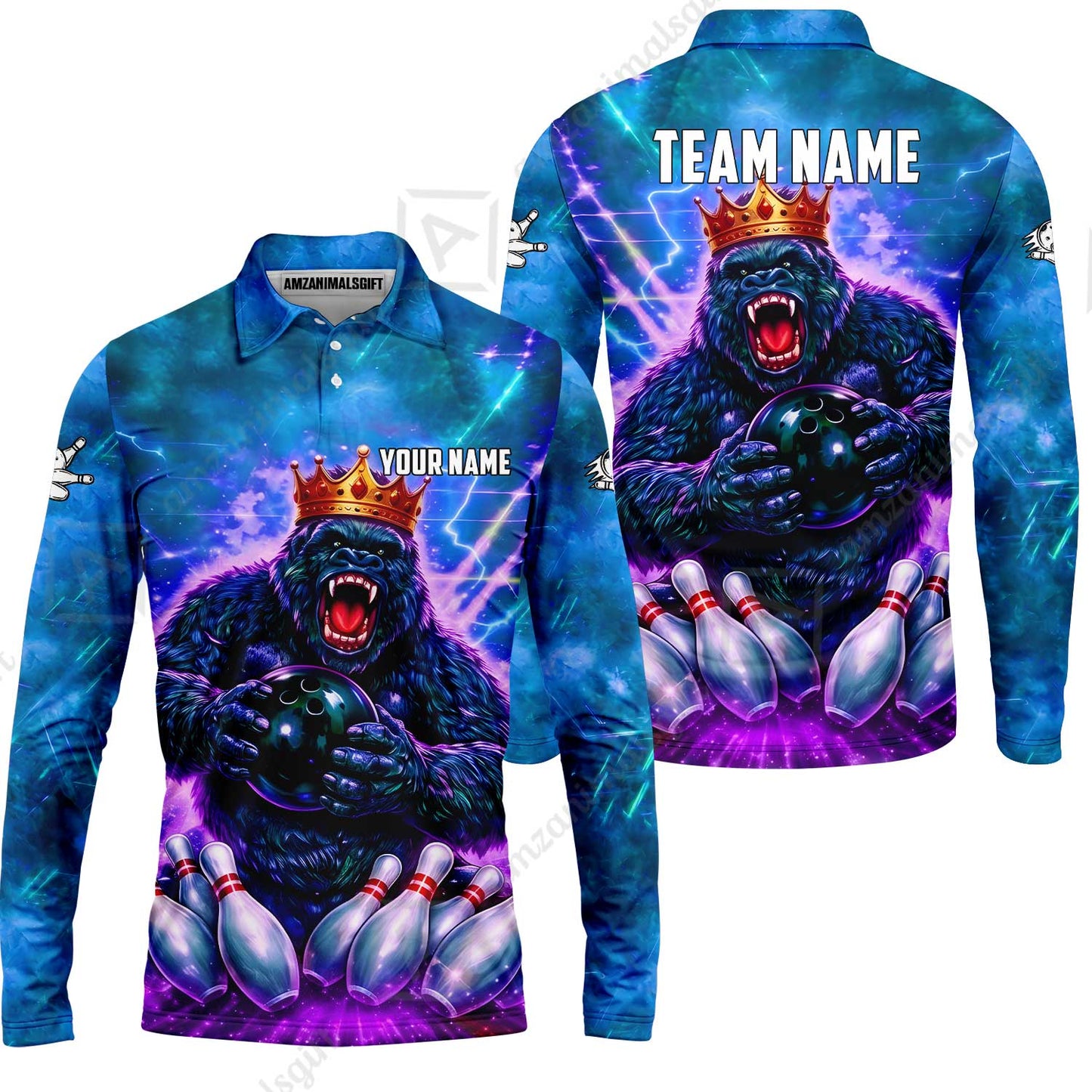 Custom Bowling Jersey Polo Shirt, King Gorilla Holding Bowling Ball, Custom Bowling Jersey Team Shirt For Players With Name & Team Name