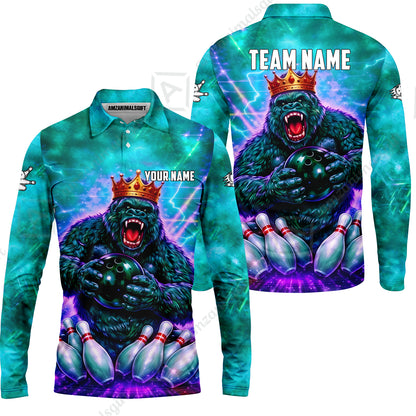 Custom Bowling Jersey Polo Shirt, King Gorilla Holding Bowling Ball, Custom Bowling Jersey Team Shirt For Players With Name & Team Name
