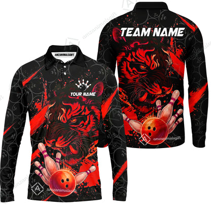 Customized Bowling Unisex Polo Shirt, Tiger Ball Striking Pins, Bowling Uniforms, Personalized Name And Team Name