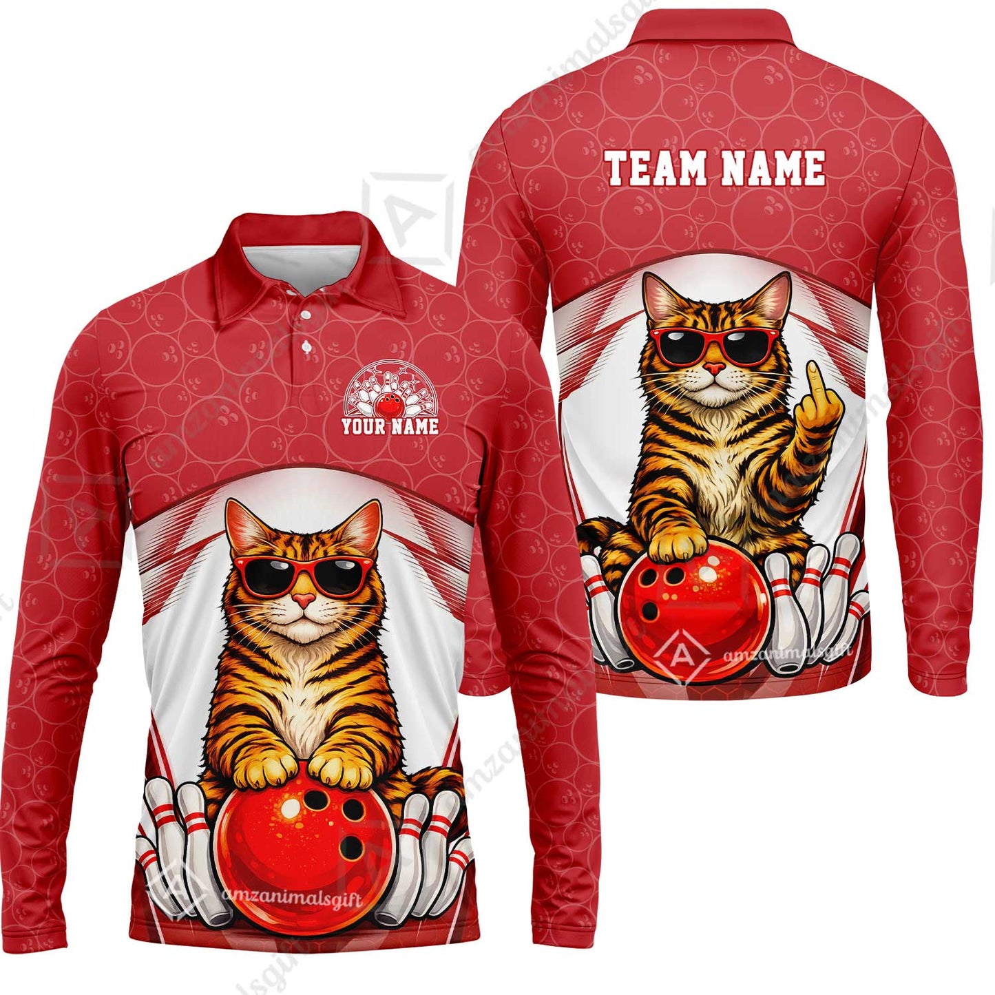 Custom Bowling Polo Shirt, Funny Cat with Sunglasses Bowling Custom Bowling Polo Team Shirt For Players With Name & Team Name