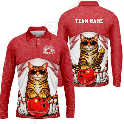 Custom Bowling Polo Shirt, Funny Cat with Sunglasses Bowling Custom Bowling Polo Team Shirt For Players With Name & Team Name