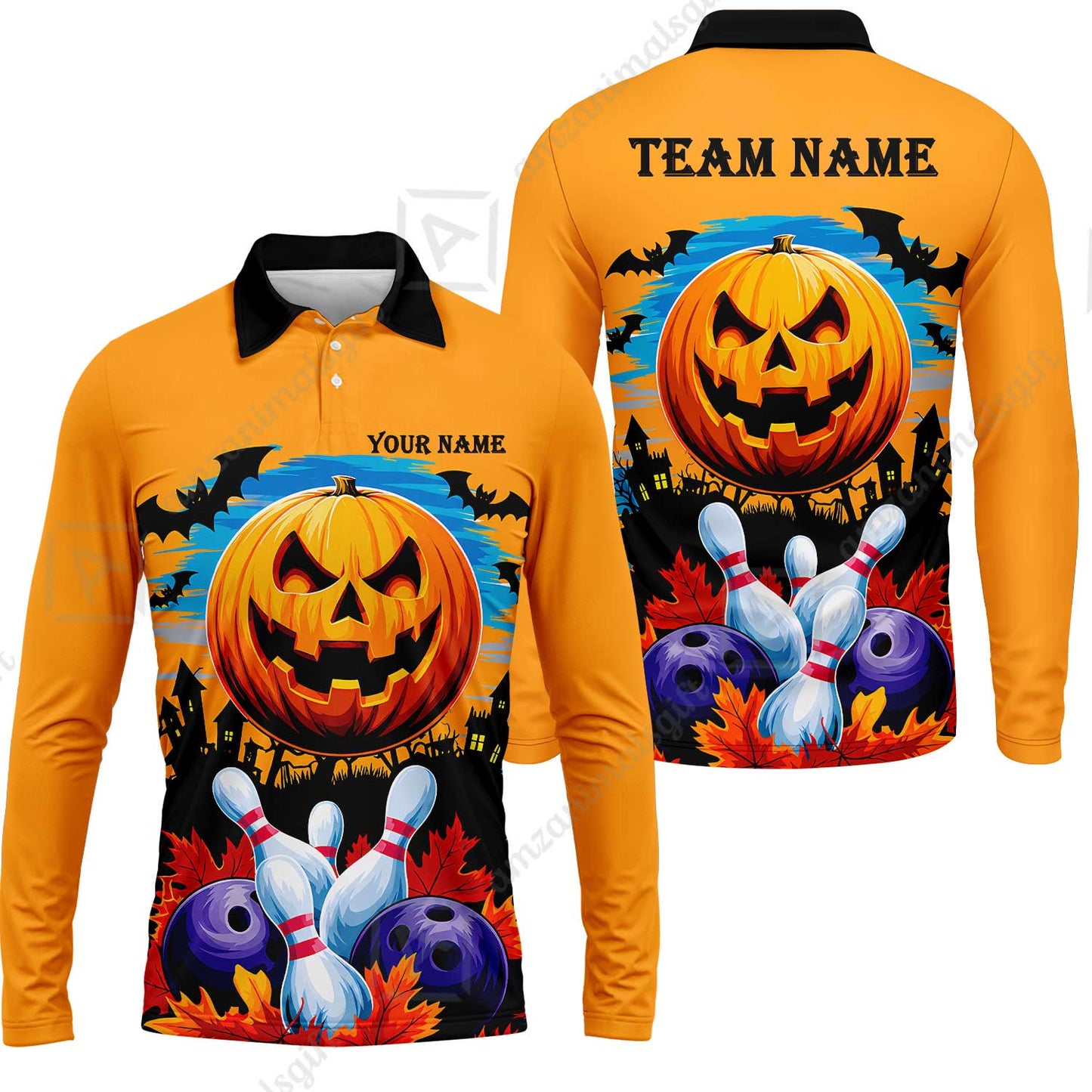 Custom Bowling Jersey Polo Shirt, Halloween Pumpkin Bowling, Personalize Name and Team Name
