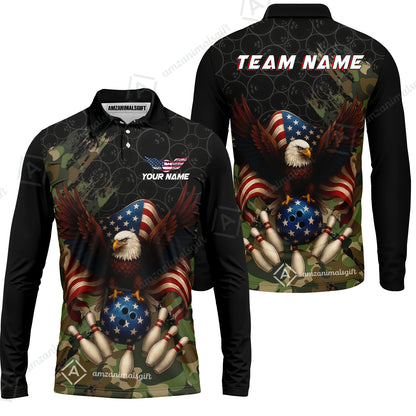 Custom Bowling Jersey Polo Shirt, Forest Camo Patriotic Bowling, Custom Bowling Jersey Team Shirt For Players With Name & Team Name