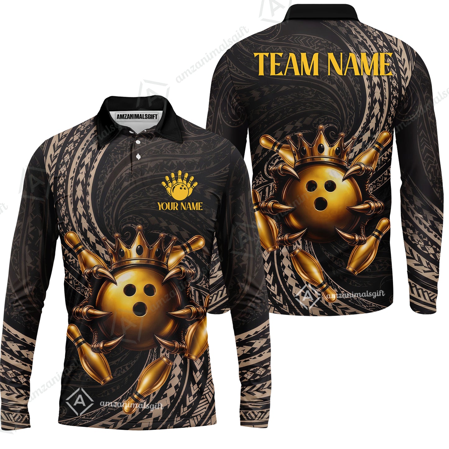 Custom Bowling Jersey Polo Shirt, Maori Tattoo Bowling Crown Gold Color, Custom Bowling Jersey Team Shirt For Players With Name and Team Name
